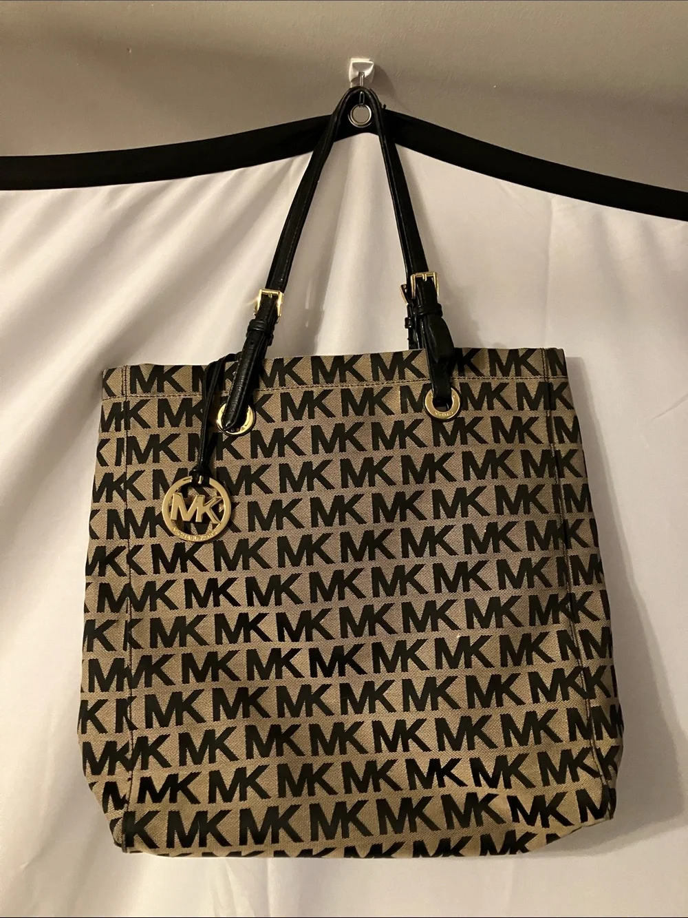 Michael Kors Tan and Black MK Logo Tote with Gold Charm